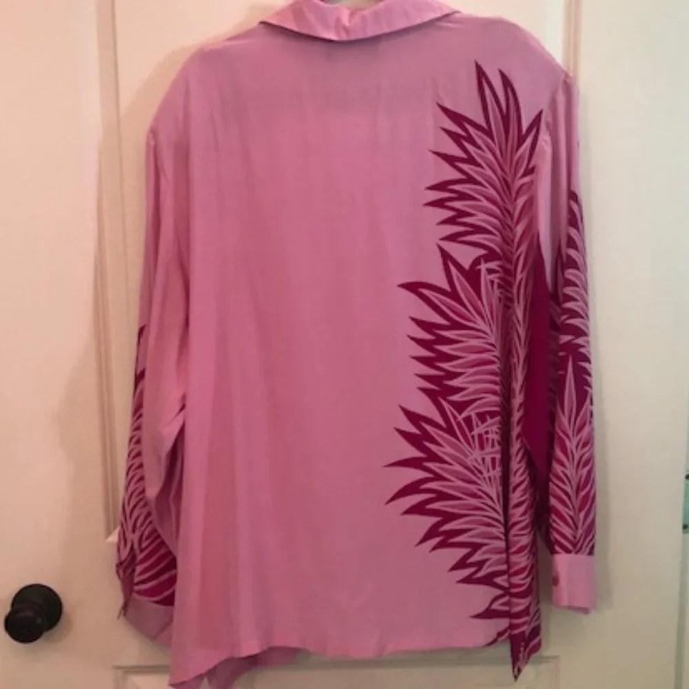 NWT Vintage Bob Mackie 100% Silk Wearable Art Pink Palms Blouse Shirt Size XL - Picture 7 of 12